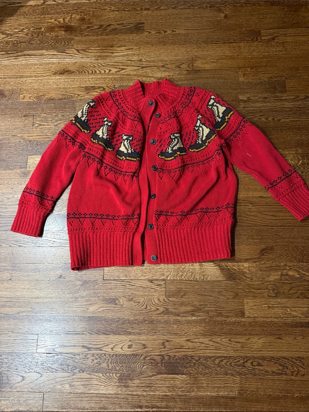 L.L. Bean Red Nordic Boot Motif Button-Front Cardigan